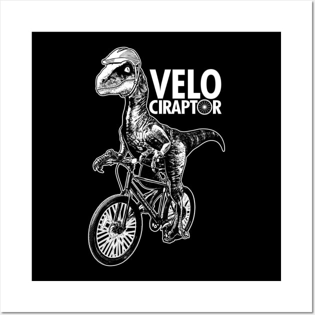 Cute Velociraptor Dinosaur Riding Bicycle Gift For Cyclist Wall Art by BoggsNicolas